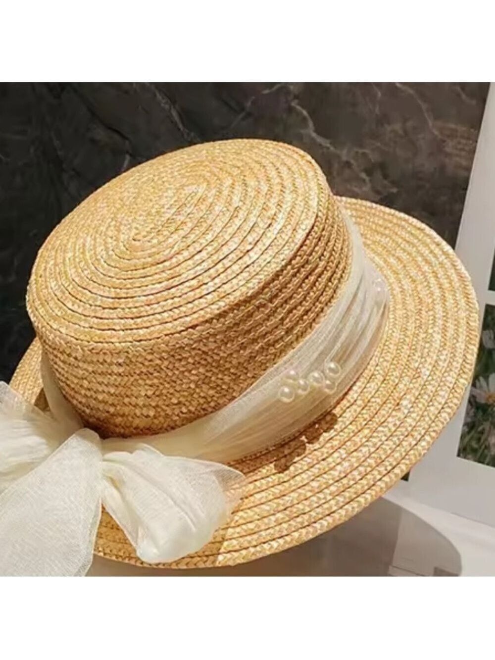 Elegant kids Straw Hat with Tulle and Pearl Accents - Picture 3 of 7